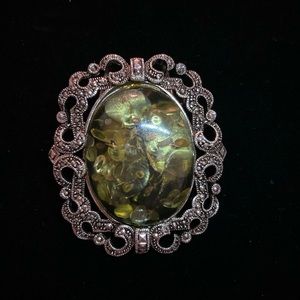 Silver Tone Green Brooch Pendant